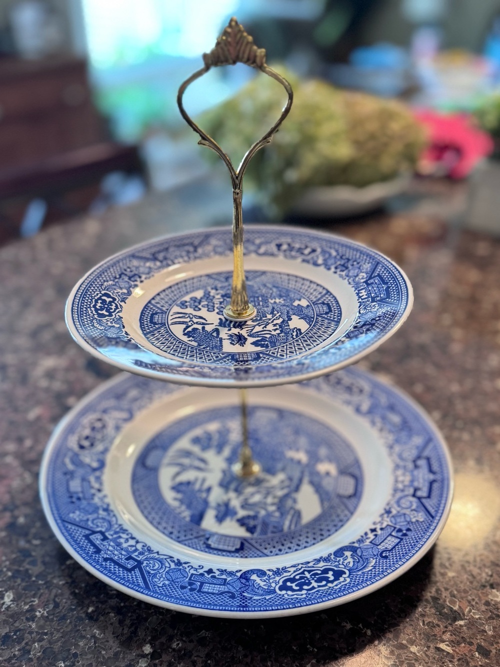 Vintage Blue and White Two-Tier Porcelain Serving Stand